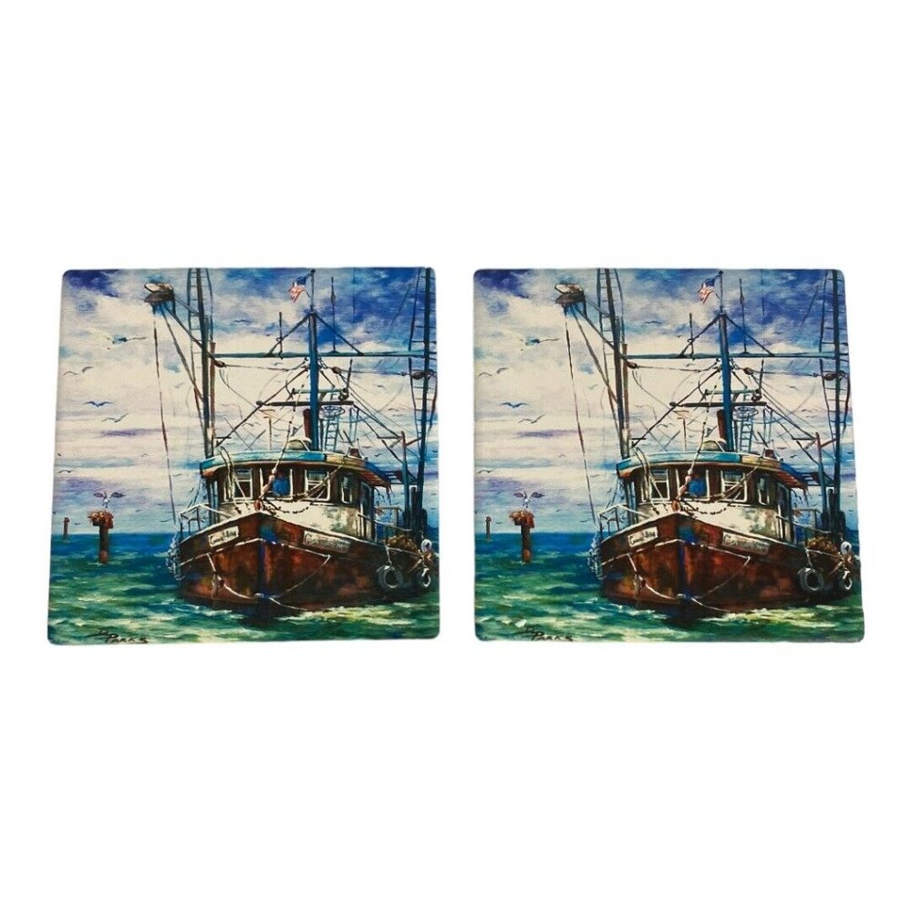 2 Bernard Shrimp Boat Louisiana Absorbent Stone Cork Back Coaster Set NEW
